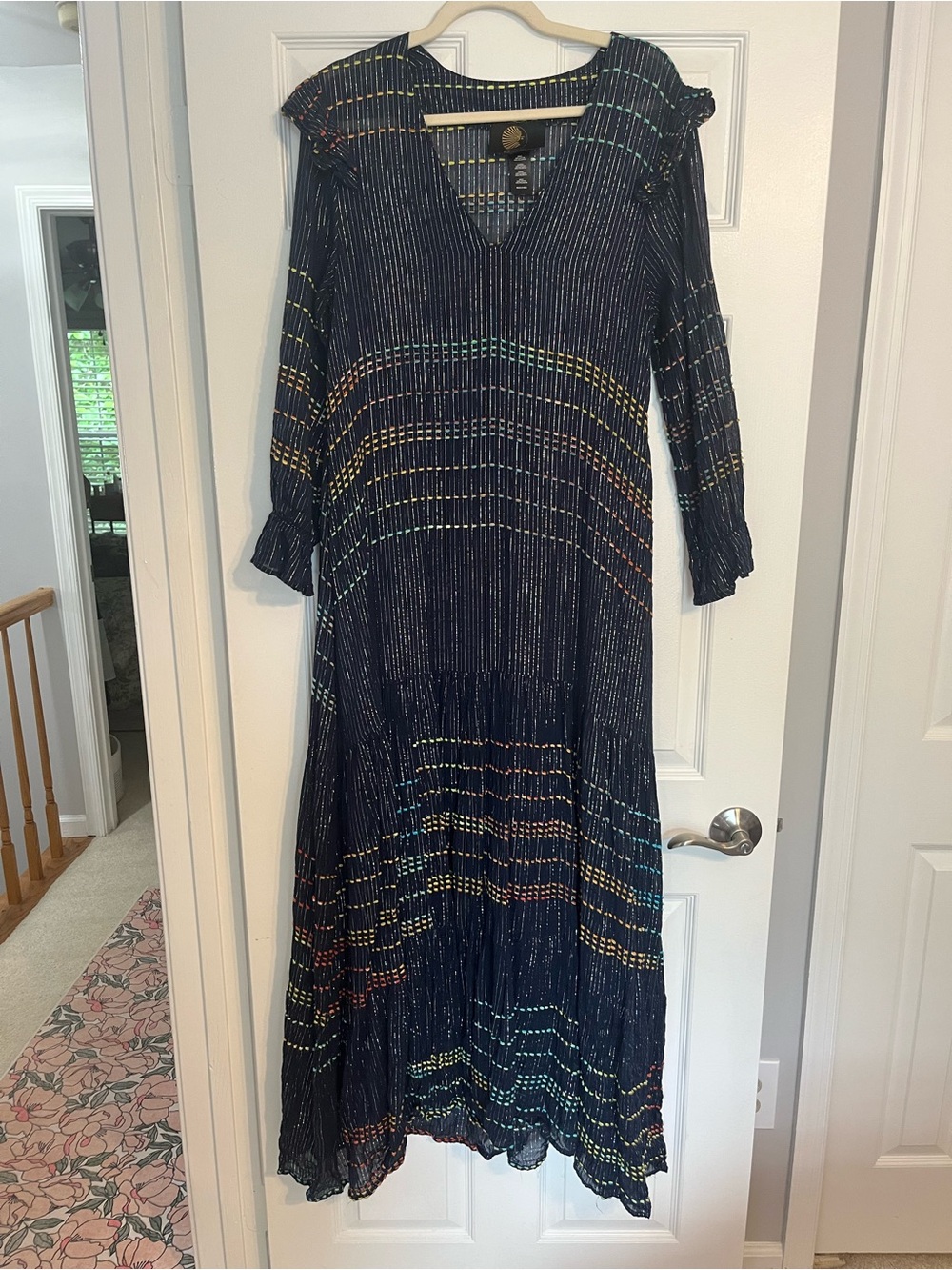 Dusty Daze 100% Cotton Navy Maxi Dress with Multicolor Stripe Accents